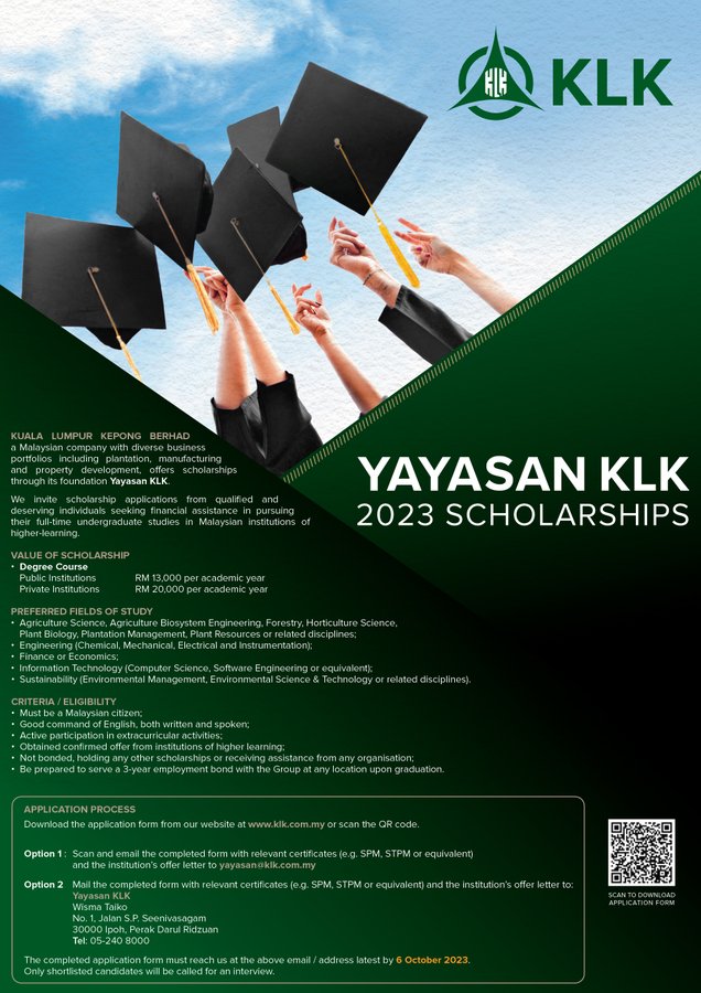 Tawaran Biasiswa Yayasan KLK untuk pelajar IPT
